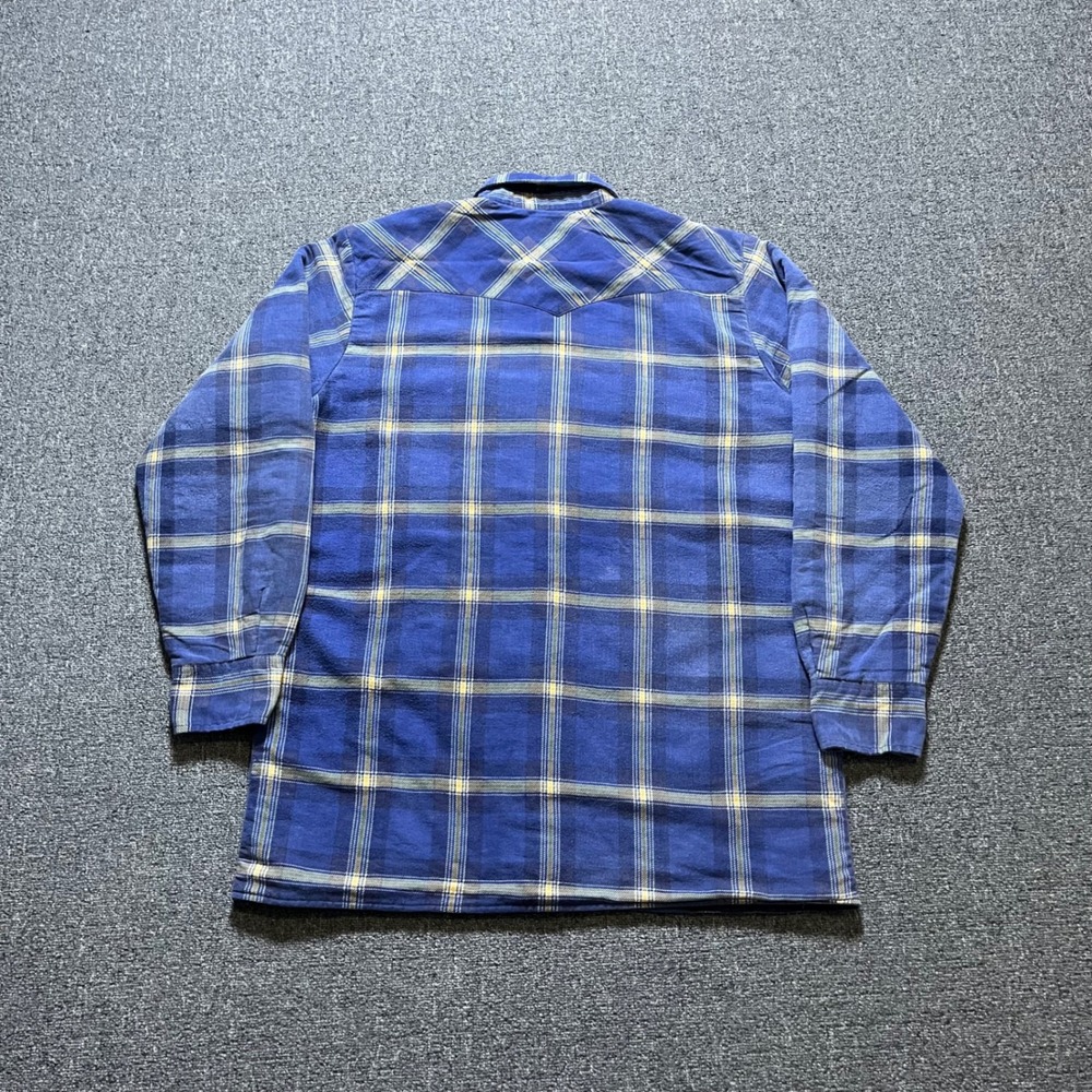 Vintage Wrangler Western Shirt Jacket Large Blue Plaid Quilted Pearl Snap 90s - Picture 2 of 13